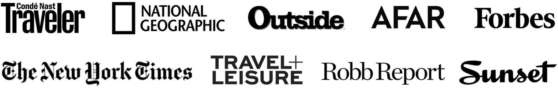 popular magazine publication logos in black. Conde Nast, Nat Geo, Outside, AFAR and more.
