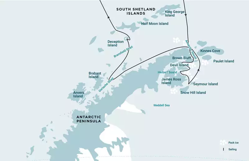 Route map of Antarctic Peninsula, Weddell Sea & Long Hikes cruise round-trip from Ushuaia, Argentina with visits along the western & eastern side of the Antarctic Peninsula.