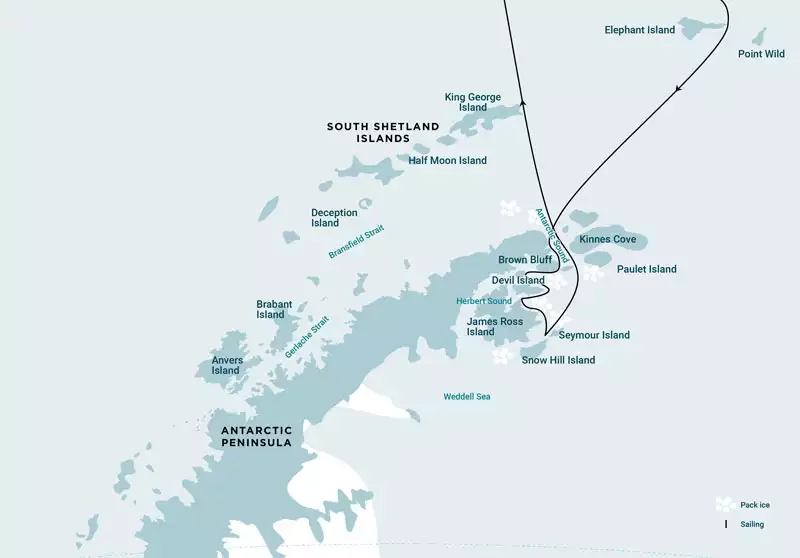 Route map of Antarctica - Weddell Sea Explorer small ship expedition cruise round-trip from Ushuaia, Argentina.