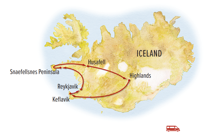Route map of Iceland's Wild West land tour, round-trip from Reykjavik with visits to Snaefellsnes Peninsula, Husafell & the Highlands.