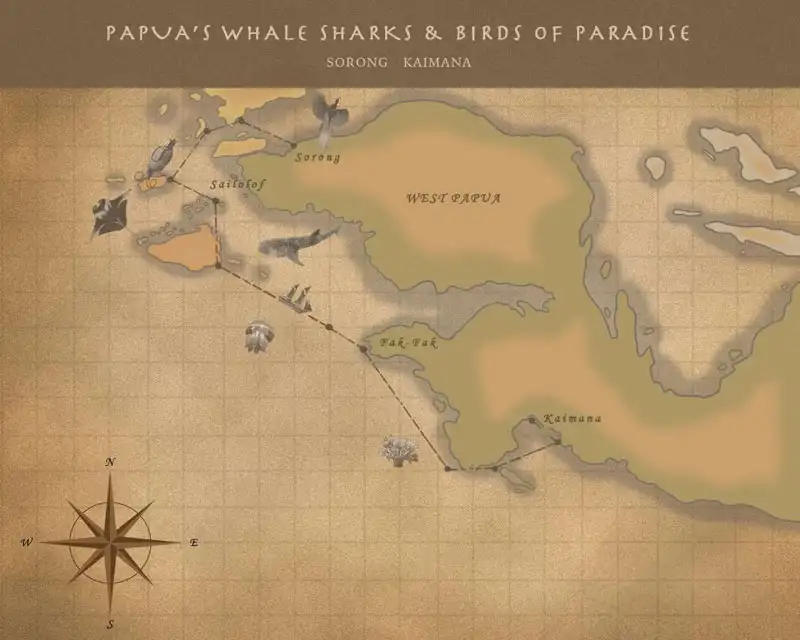 Route map of Papua's Whale Sharks & Birds of Paradise Indonesia small ship cruise, with visits along the southern coast of West Papua, in the Ceram Sea.
