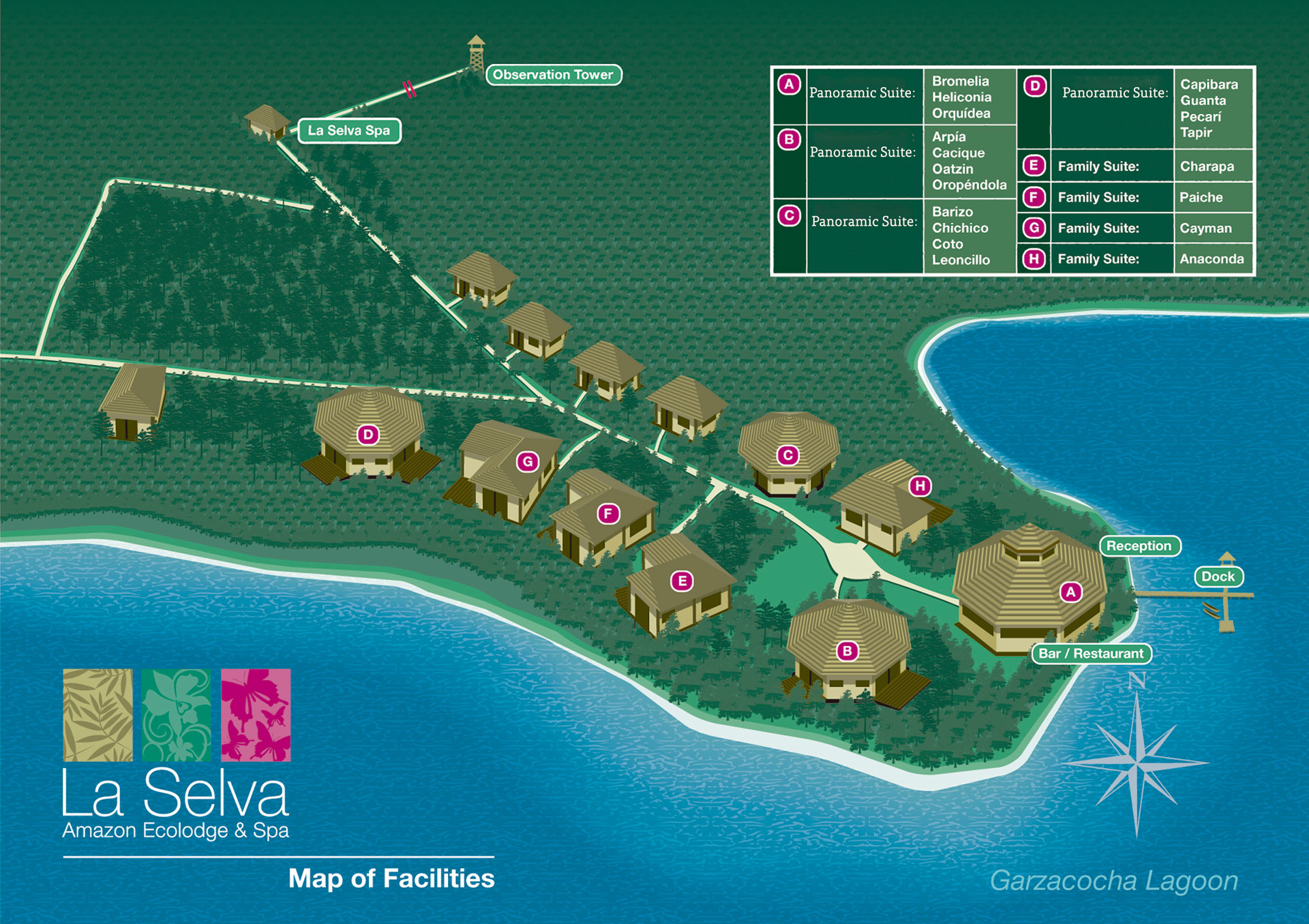 A map of La Selva Amazon EcoLodge & its 19 thatch-roof guest accommodations, located down the Napo River in the Ecuadorian Amazon