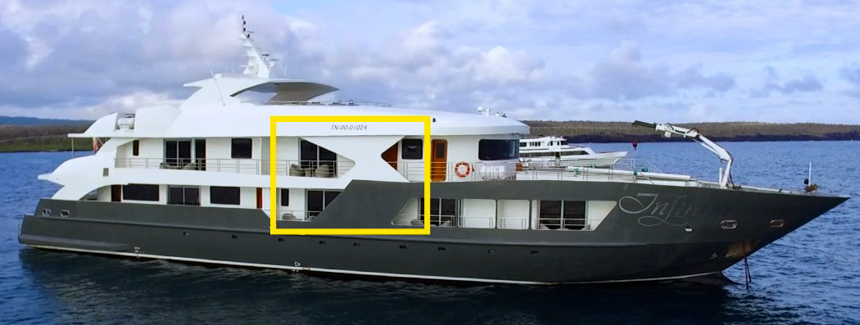Screenshot of small ship infinity with yellow box to highlight the obstructed views from the cabins