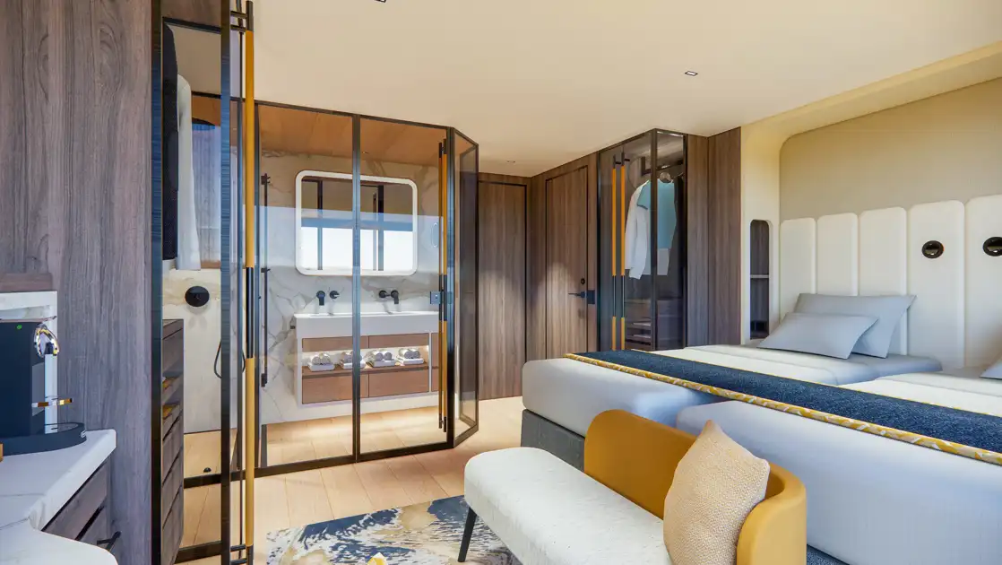 Family Suite on National Geographic Connect riverboat with modern wood, stone & glass decor, 2 beds, couch, espresso machine.