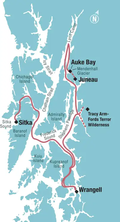 Route map of 2026 Alaska's Ultimate Adventure Cruise, between Juneau & Sitka with visits to Auke Bay, Lynn Canal, Tracy Arm-Fords Terror Wilderness & Wrangell.