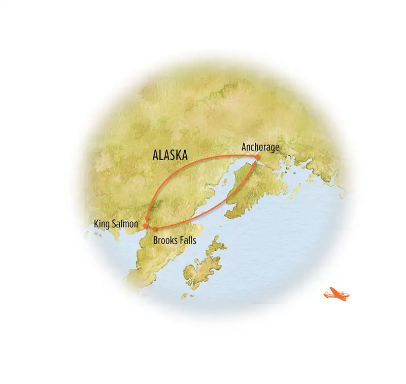 Route map of Fat Bears of Brooks Falls Photo Expedition, round-trip from Anchorage, Alaska with visits to King Salmon & the Brooks River region.