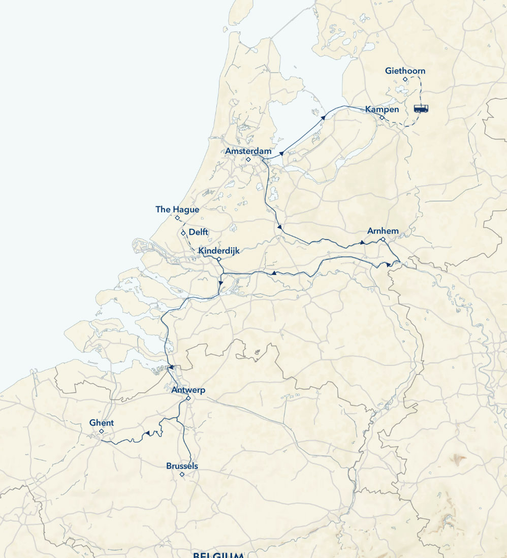 Route map of upstream Holland & Belgium river cruise from Amsterdam north to Kampen, The Netherlands, then south to Brussels, Belgium.
