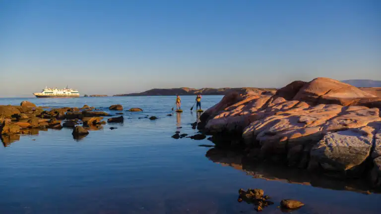 Guests explore by standup paddleboard from the ship National Geographic Venture in Puerto Los Gatos, Baja California Sur, Mexico