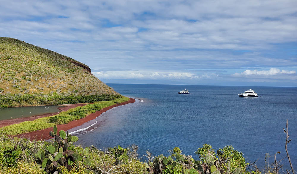 Hermes Galapagos catamaran seen at anchor next to Ocean Spray catamaran with green foilage, cactus and a red sand beach on the shore