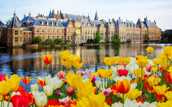 Yellow, red & white tulips line a calm river beside a red brick building with sharp steeples, seen on a Northern Europe cruises.