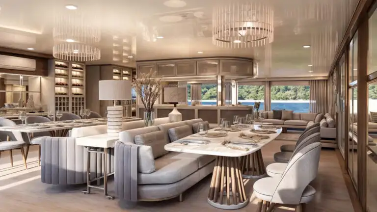 A brightly lit and modern dining area aboard the Monique Galapagos yacht. Several tables are set with elegant place settings, surrounded by comfortable chairs and banquette seating. Large windows line one side of the room, offering expansive views of the ocean. Contemporary pendant lighting fixtures hang from the ceiling, and the overall ambiance is one of refined comfort and dining with a view.