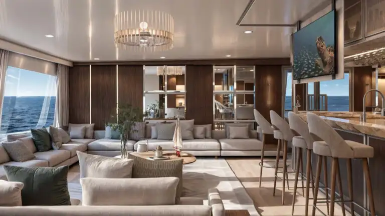 A brightly lit and modern dining area aboard the Monique Galapagos yacht. Several tables are set with elegant place settings, surrounded by comfortable chairs and banquette seating. Large windows line one side of the room, offering expansive views of the ocean. Contemporary pendant lighting fixtures hang from the ceiling, and the overall ambiance is one of refined comfort and dining with a view.
