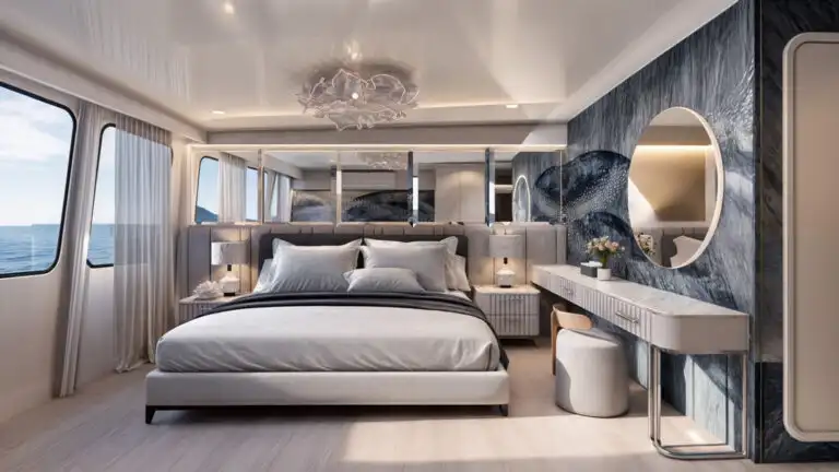 A luxurious double stateroom on the Monique Galapagos yacht, featuring a bed with white linens, elegant nightstands with lamps, a modern vanity table with a round mirror, and large windows offering an ocean view. The wall behind the beds has a dark, textured design.