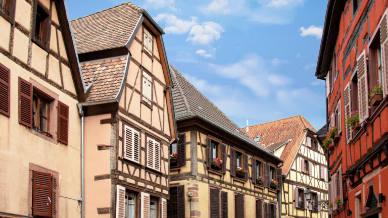 Half-timbered houses in the streets of downtown Ribeauvillé
