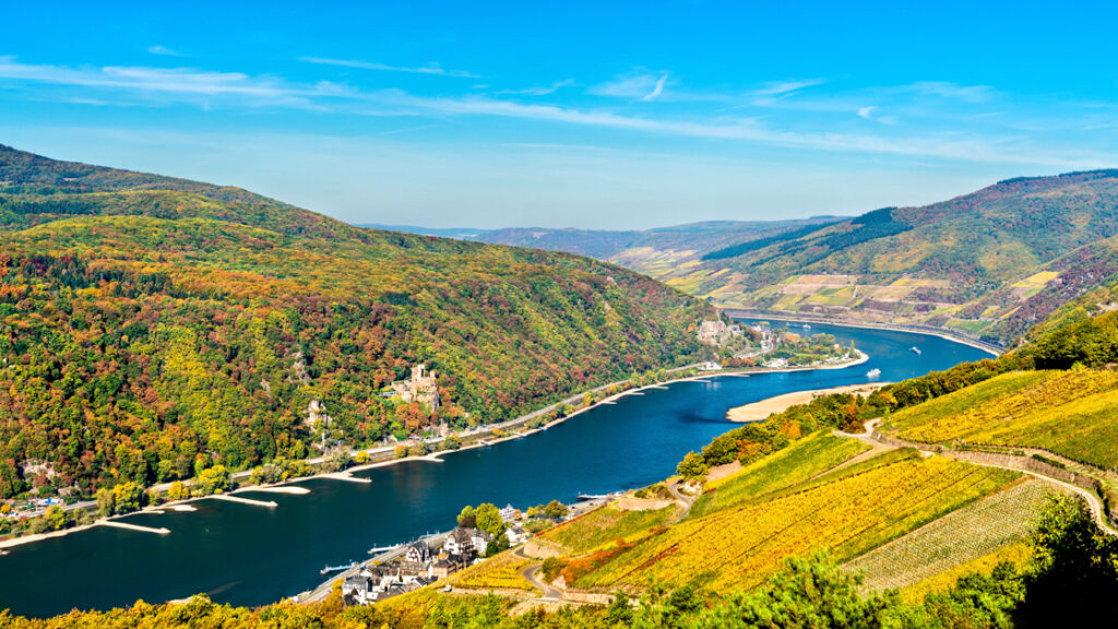 View of the Upper Middle Rhine Valley with Rheinstein and Reichenstein Castles. UNESCO world heritage in Germany