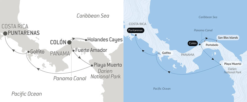 Dual route maps of Central America Jewels luxury cruise from Panama to Costa Rica via the Panama Canal.