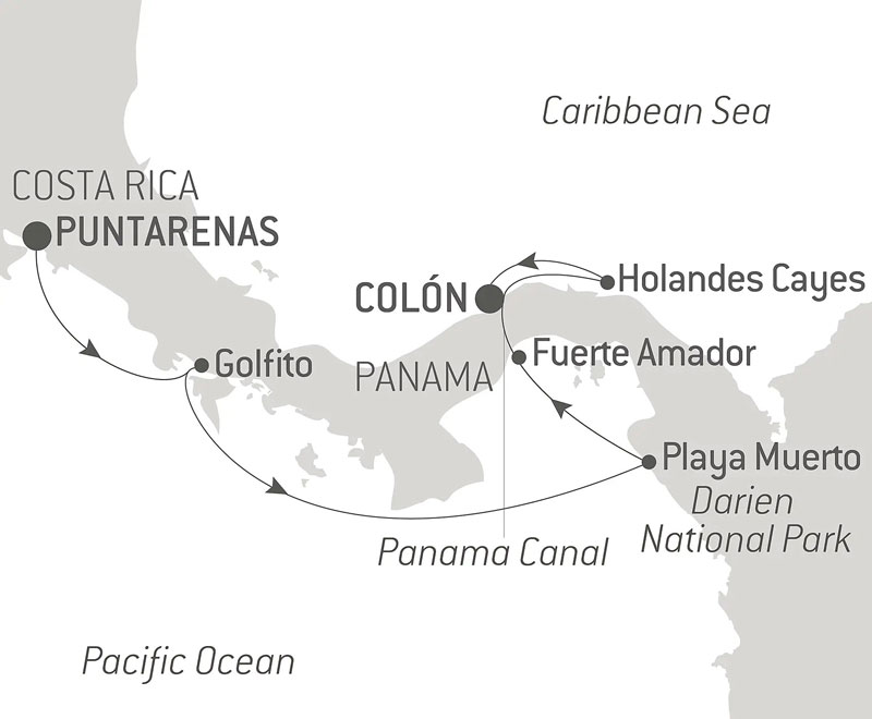 Route map of Central America Jewels luxury cruise from Costa Rica to Panama via the Panama Canal.