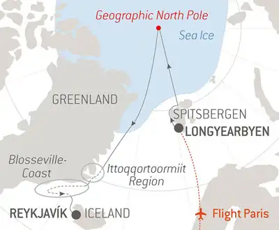 Route map of The Geographic North Pole & the East Coast of Greenland cruise on Le Commandant Charcot, starting with a flight from Paris, France to Longyearbyen, Spitsbergen, sailing north to the pole & south along Greenland before ending in Reykjavik, Iceland.